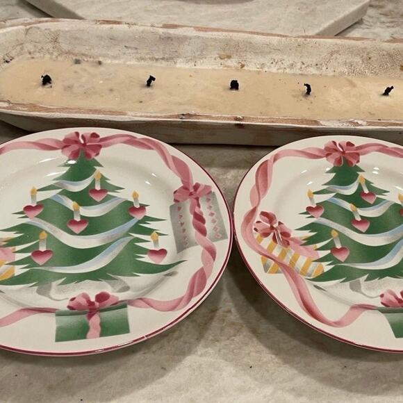 Sango Home for Christmas 92’ pedestal plates x 2. Pink trimmed Christmas tree - Picture 1 of 6